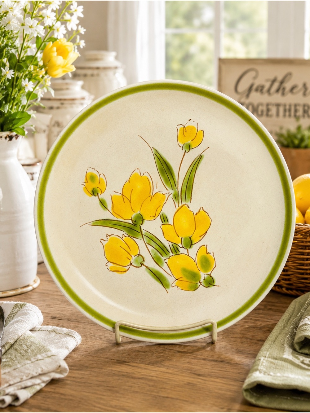 Vintage Yellow Tulip Ceramic Dinner Plate with Green Rim